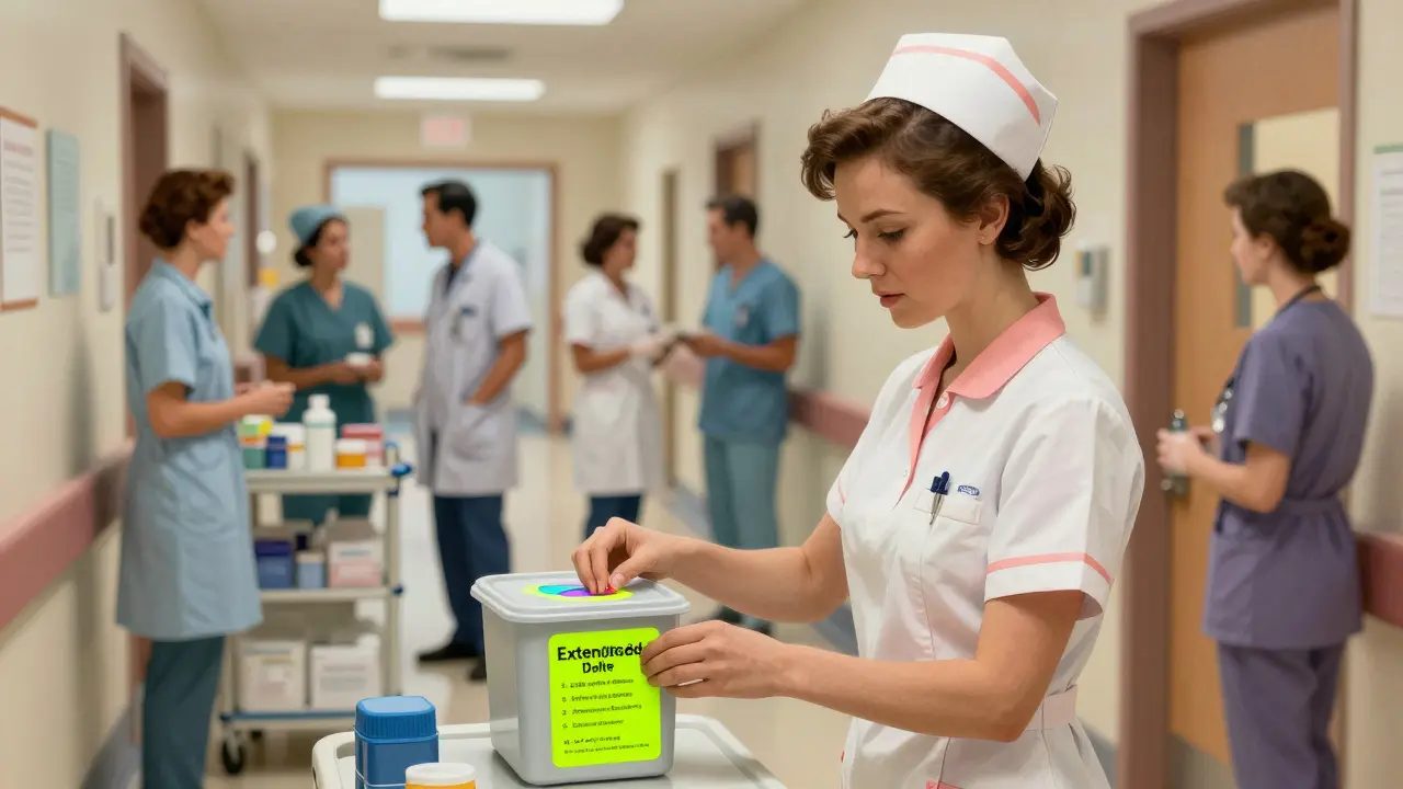 Nurse placing a neon marker sticker on a medication storage bin