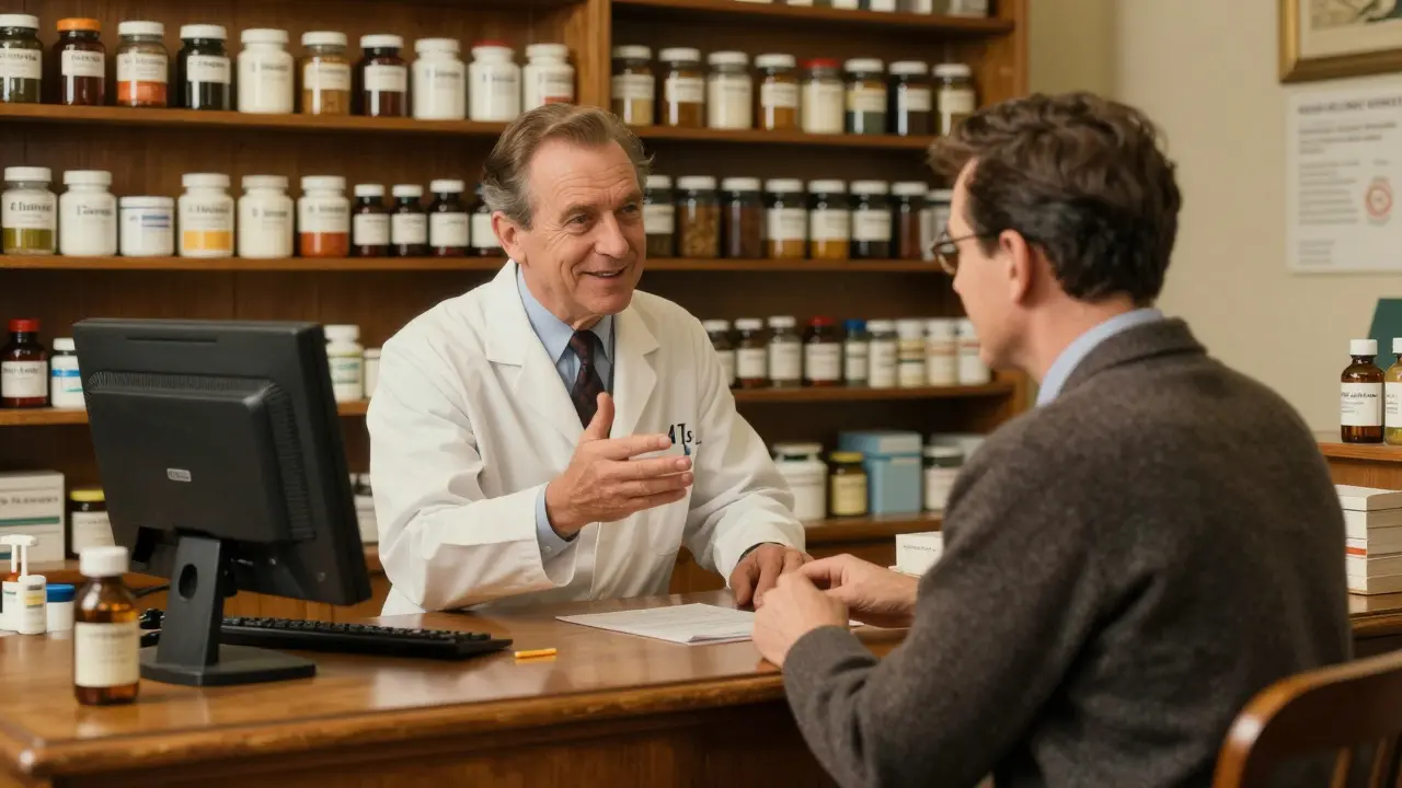 Patient talking to a pharmacist at a vintage counter in Norman Rockwell style