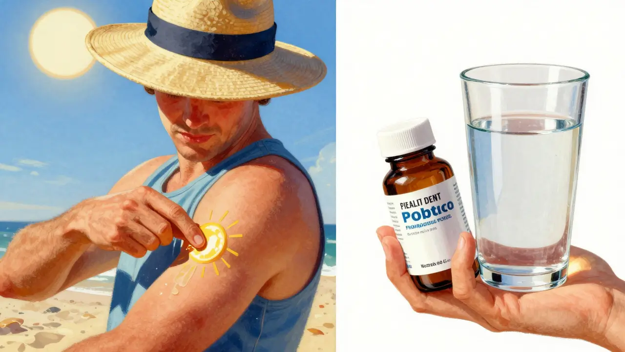 Person applying sunscreen and a bottle of probiotics in Norman Rockwell style