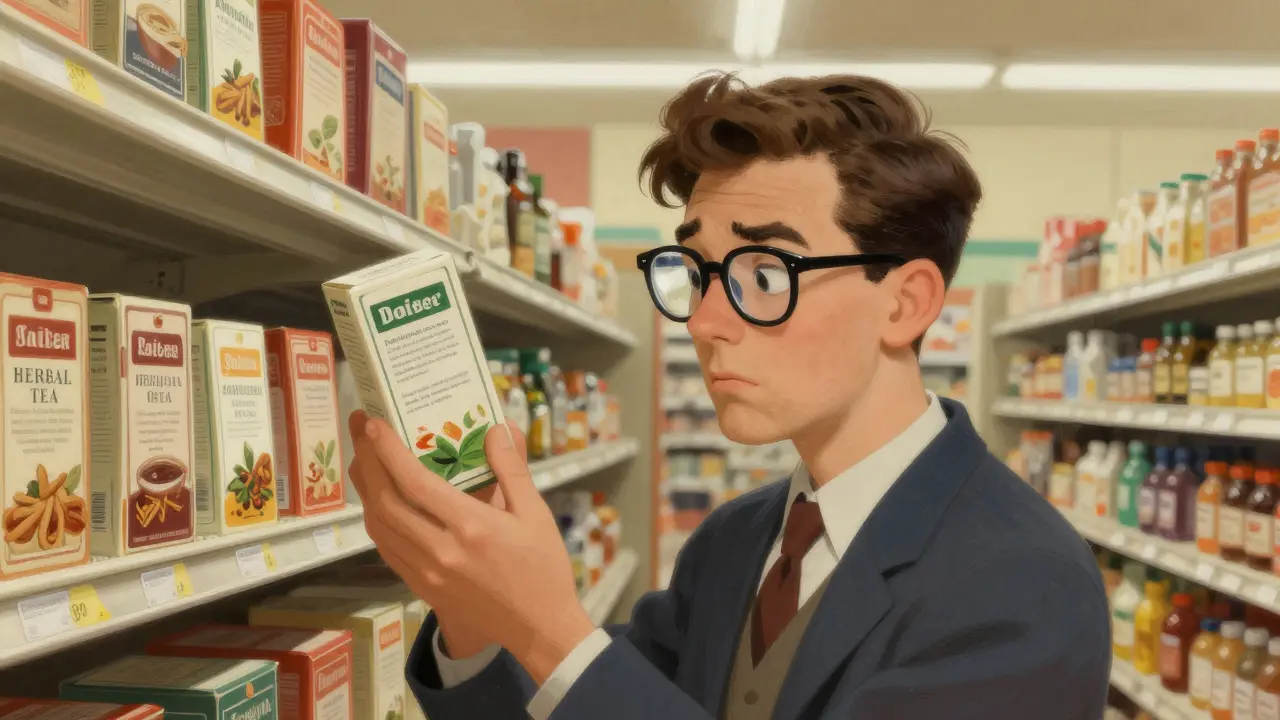 Person wearing glasses carefully reading the ingredient label on a tea box in a grocery store.