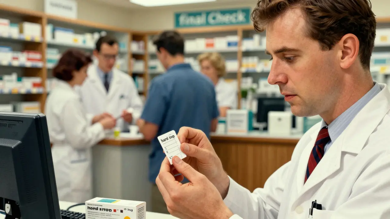 Pharmacist carefully verifying a medication label at a dedicated safety check station.