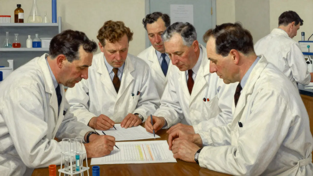 Scientists analyzing drug stability data in a laboratory