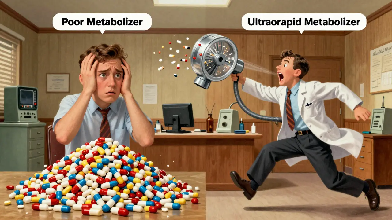 Two characters illustrating the difference between poor and ultrarapid drug metabolism in a vintage clinic.