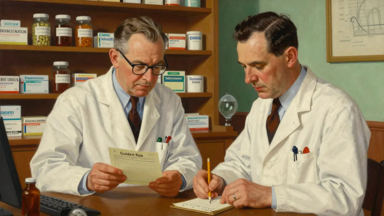 Two pharmacists in a classic pharmacy independently calculating medication dosage on a notepad.
