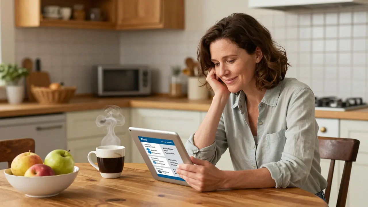 Woman at a kitchen table using a tablet to find cheaper medication prices