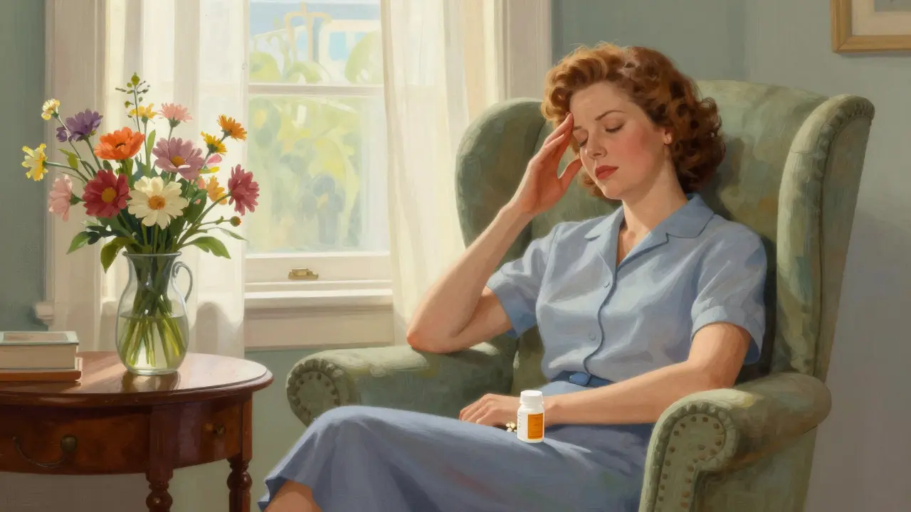 Woman resting peacefully in chair with medicine bottle.