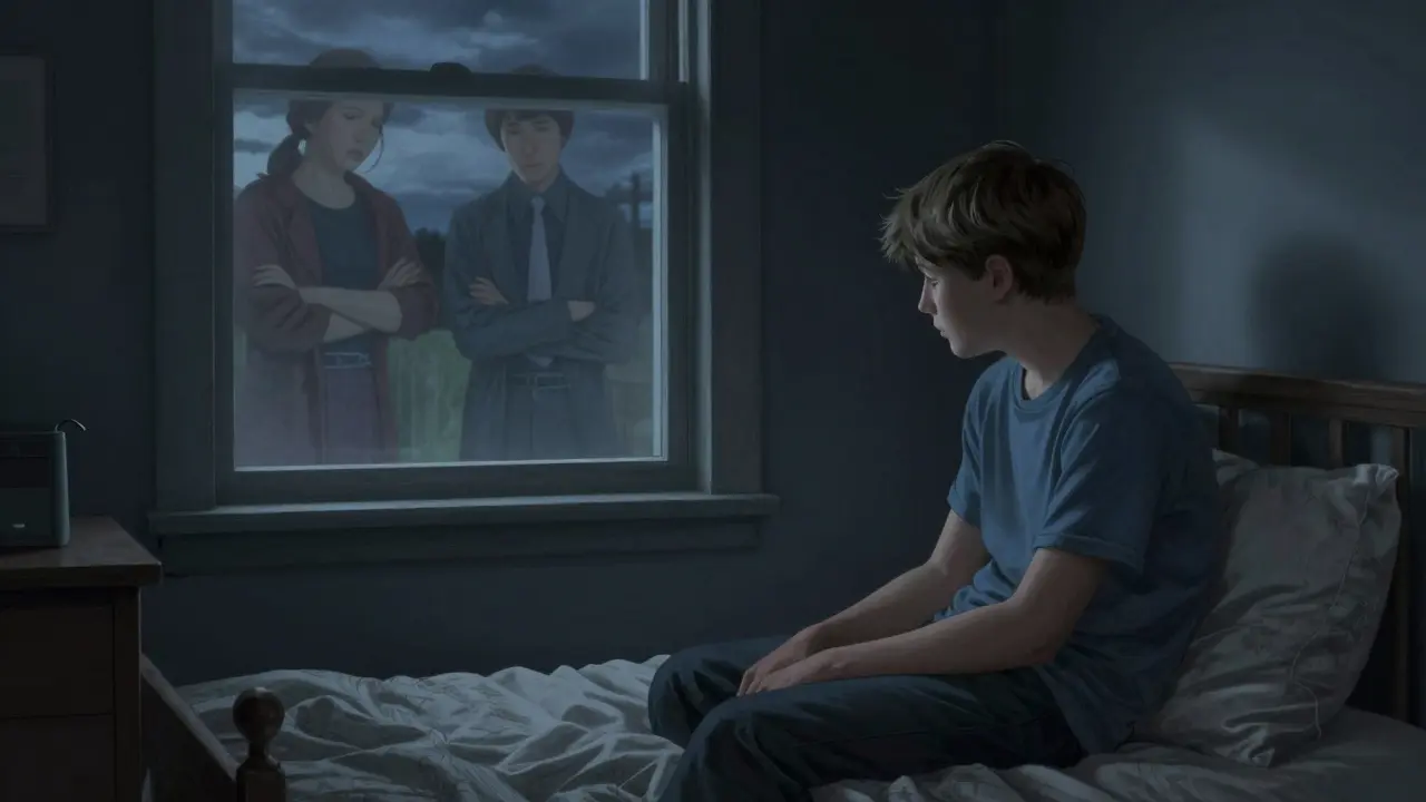 A lonely teen in a dark room, symbolizing untreated depression and isolation.