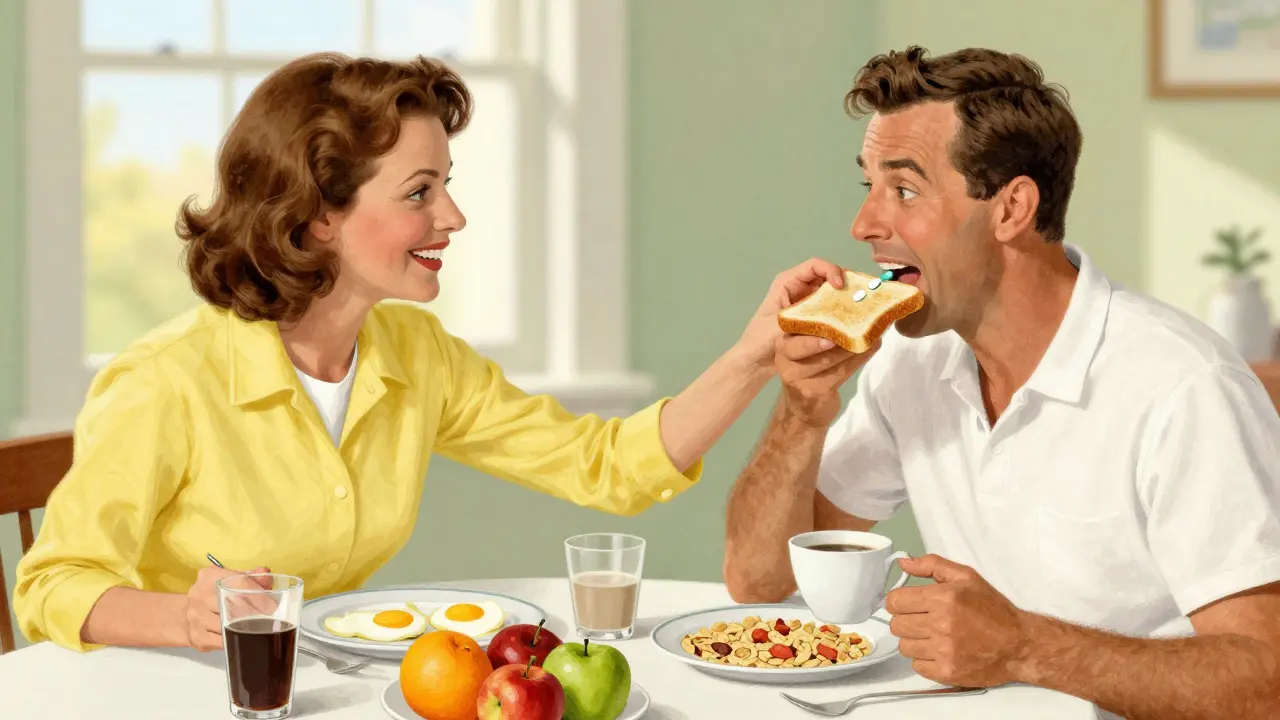 Couple taking medication with breakfast to avoid side effects