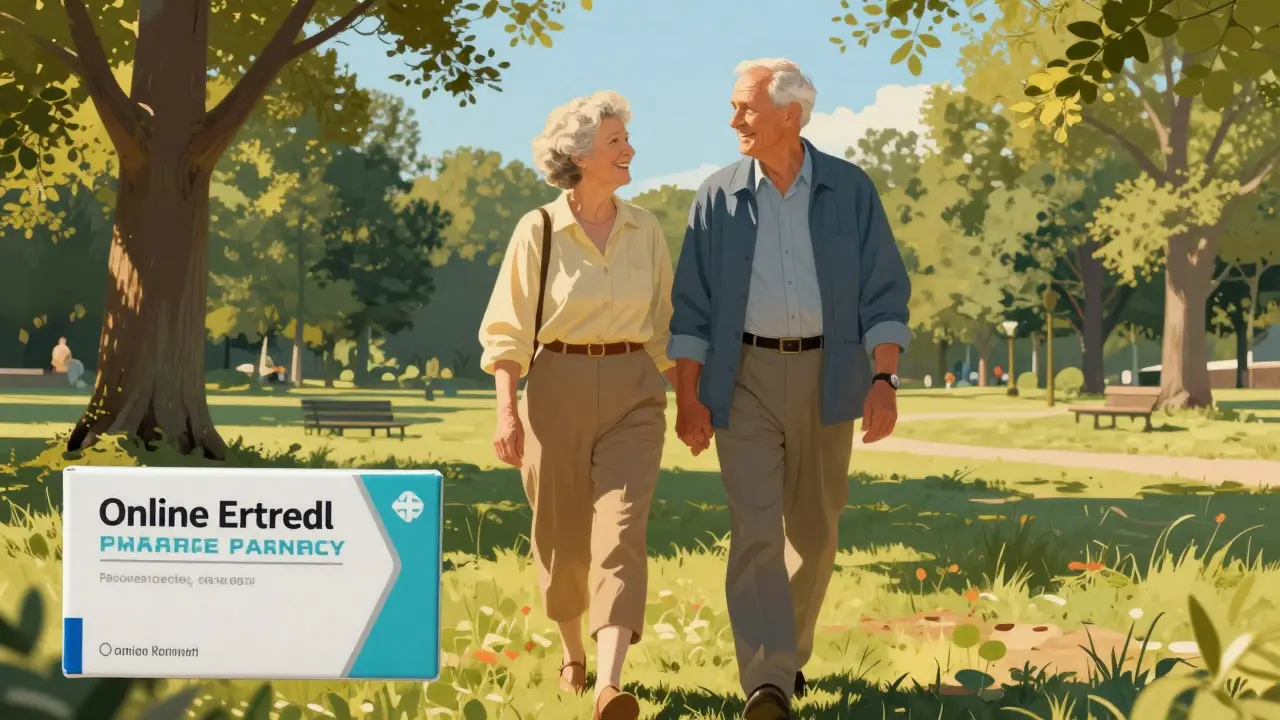 Couple walking in park with affordable medication package