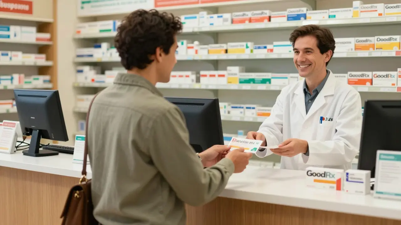 Customer handing discount coupon to smiling pharmacist at local pharmacy counter