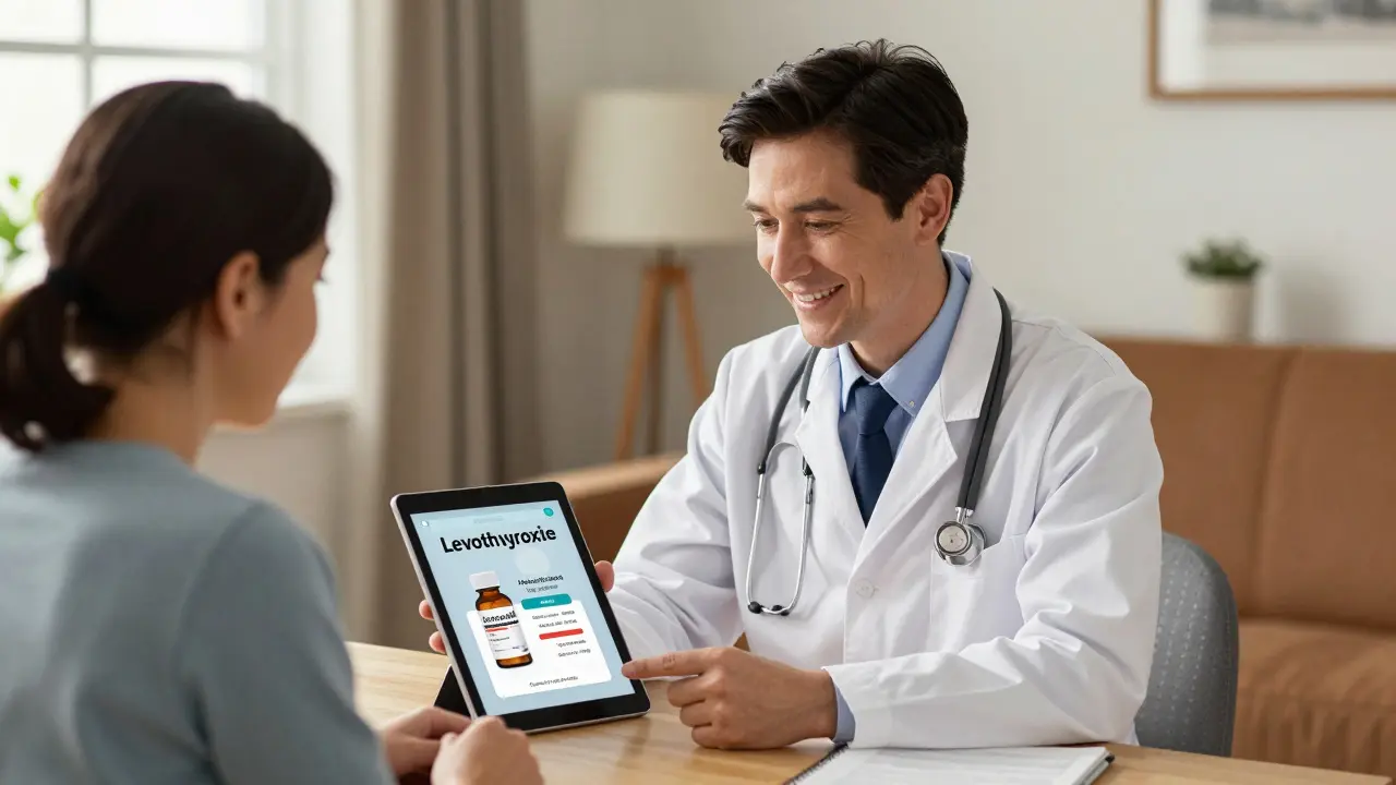 Doctor and patient discussing affordable generic prescriptions via tablet in warm home setting