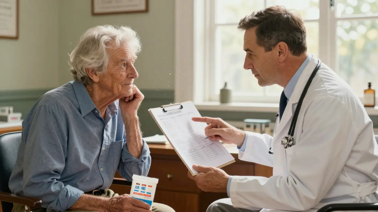 Doctor and patient reviewing medication options in a sunny, welcoming office setting.