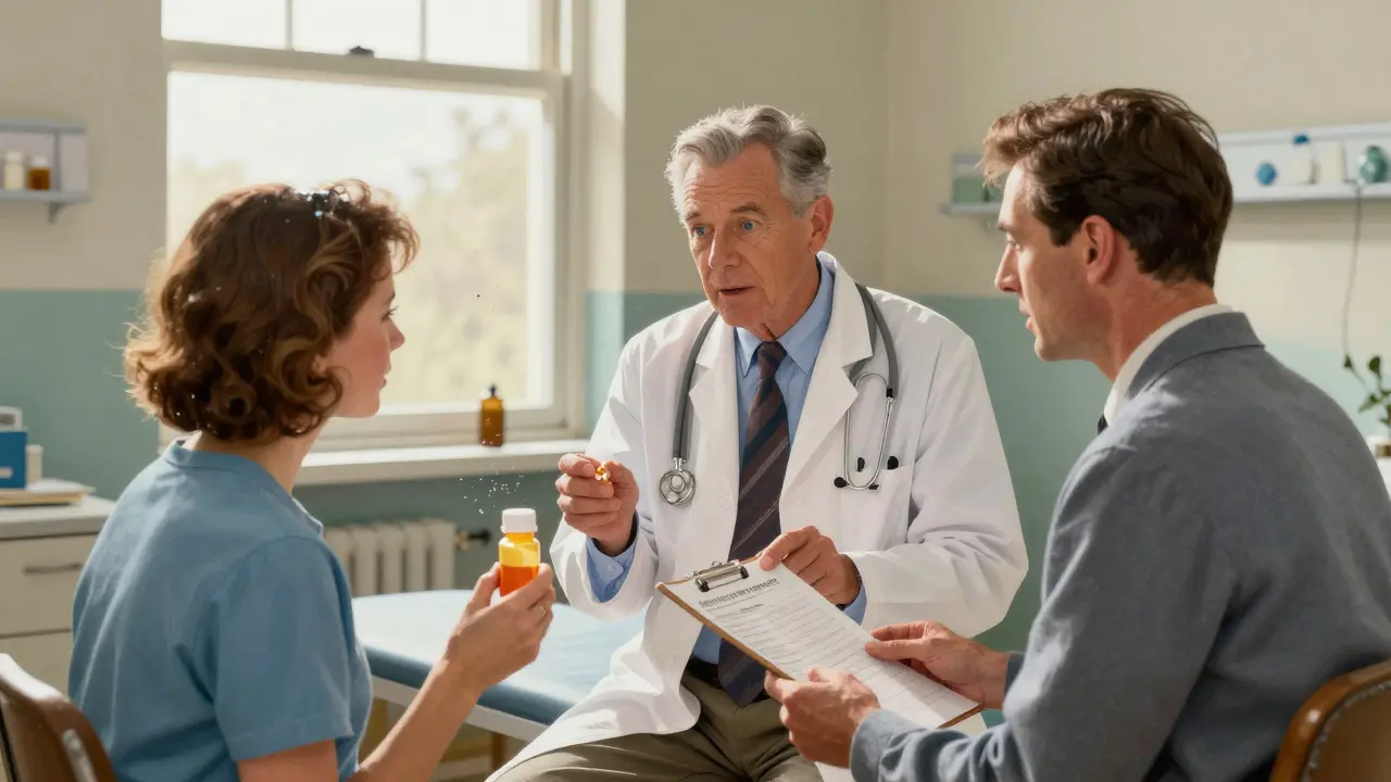 Doctor explaining medication details to an attentive patient in a sunlit exam room.