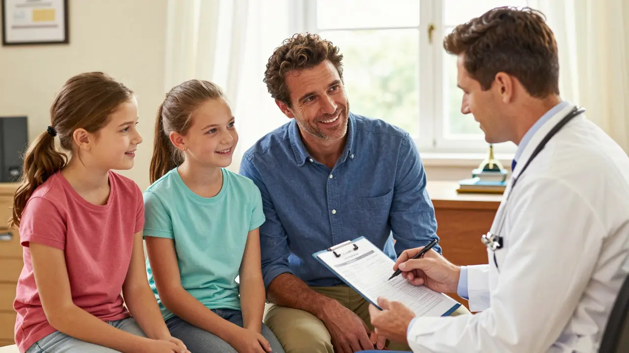 Family and doctor reviewing a safety plan with hope and vigilance.