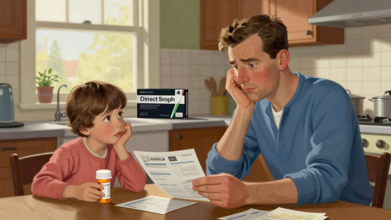 Family at a kitchen table feeling relieved after choosing affordable generic medication over expensive brand-name drugs.
