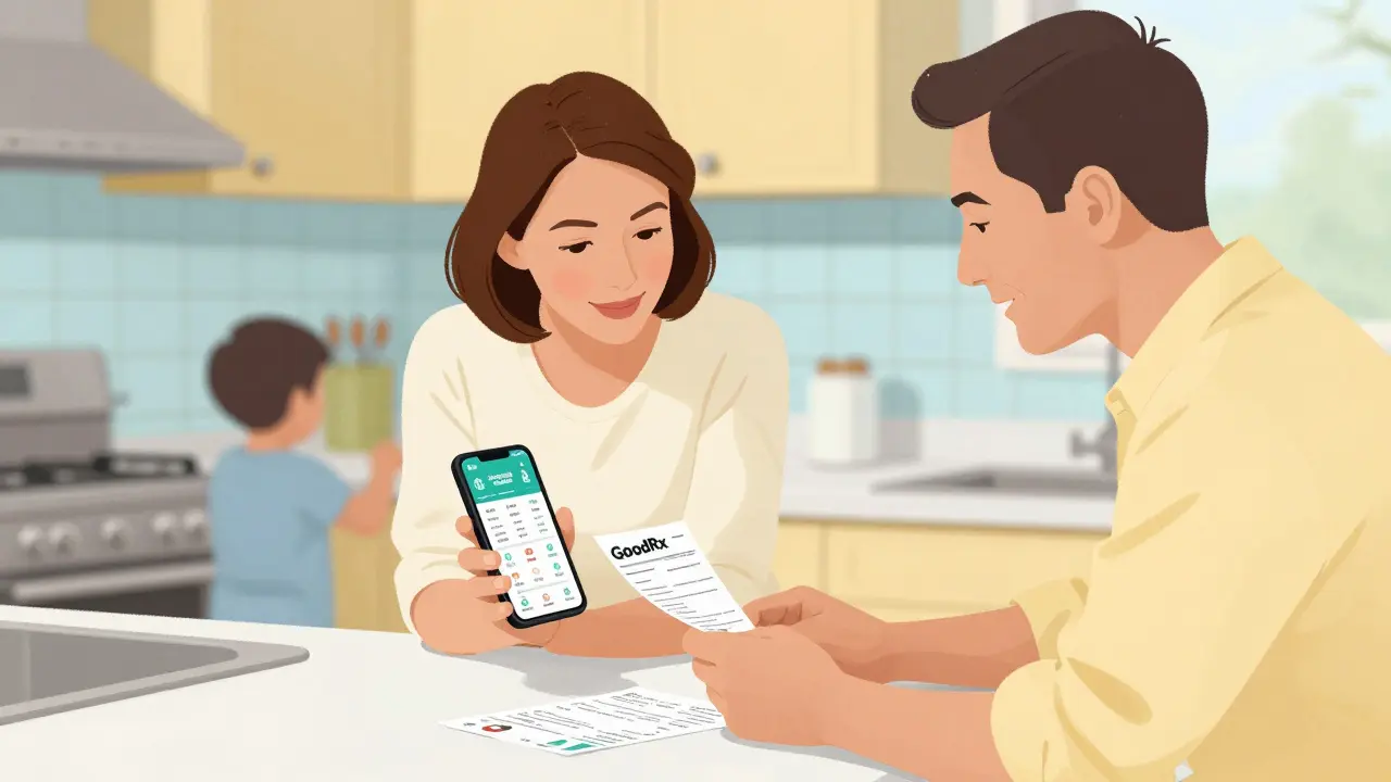 Family checking medication prices on a smartphone in a kitchen.