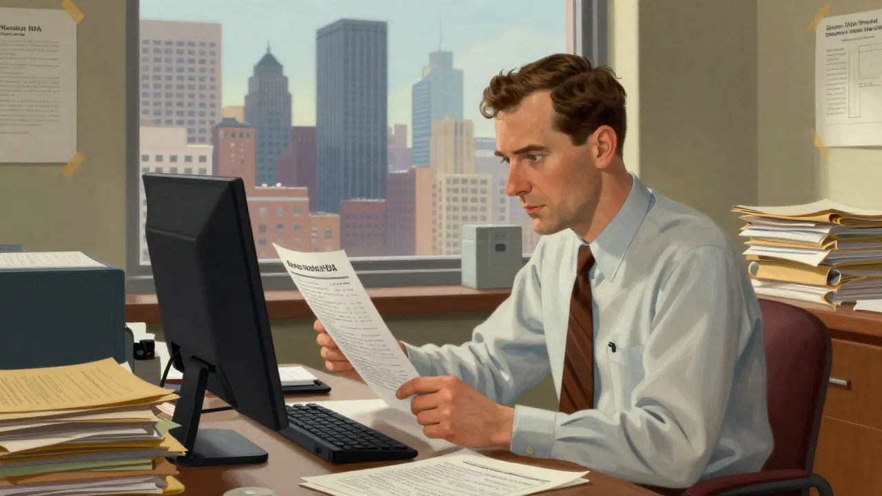 FDA analyst reviewing safety reports in an office overlooking a city skyline.