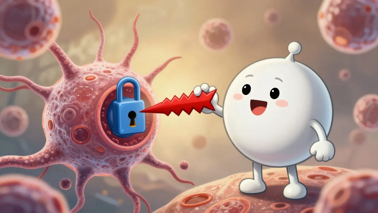 Friendly antibody molecule blocking a pain signal from entering a neuron receptor.