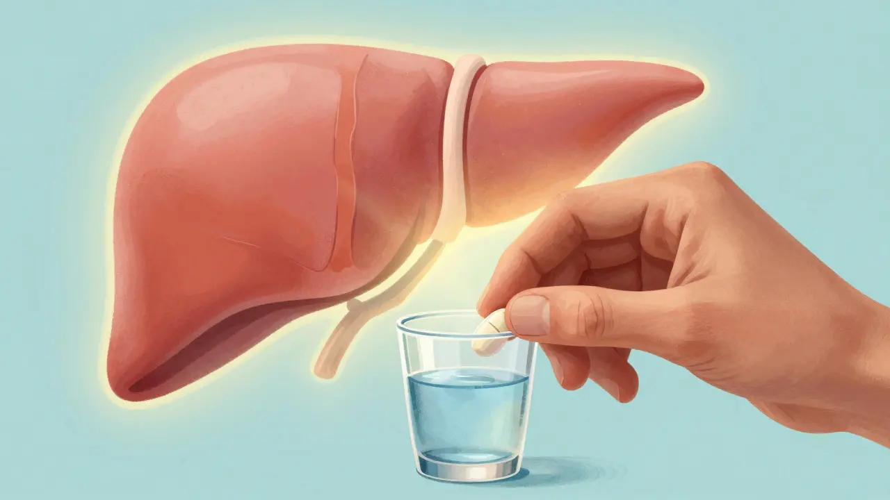 Hand taking antiviral pill with healthy liver background