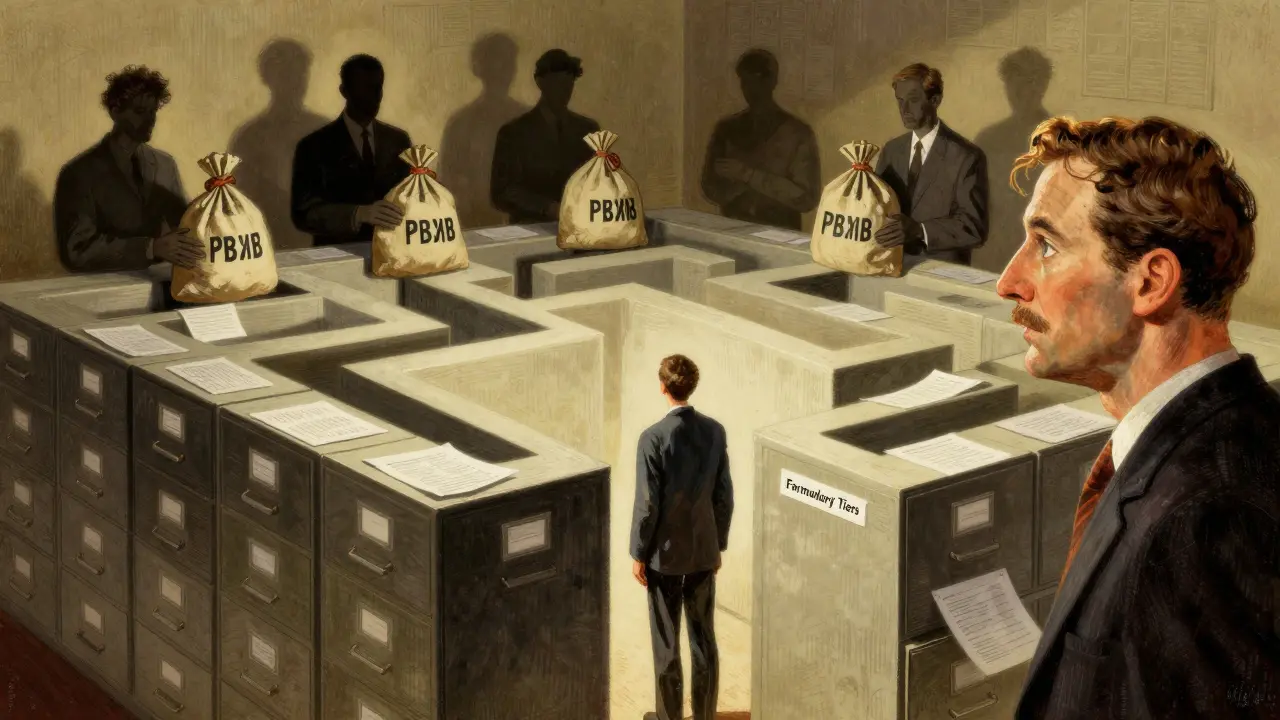 Illustration of a patient facing complex insurance forms and shadowy figures representing hidden pharmaceutical costs and middlemen.