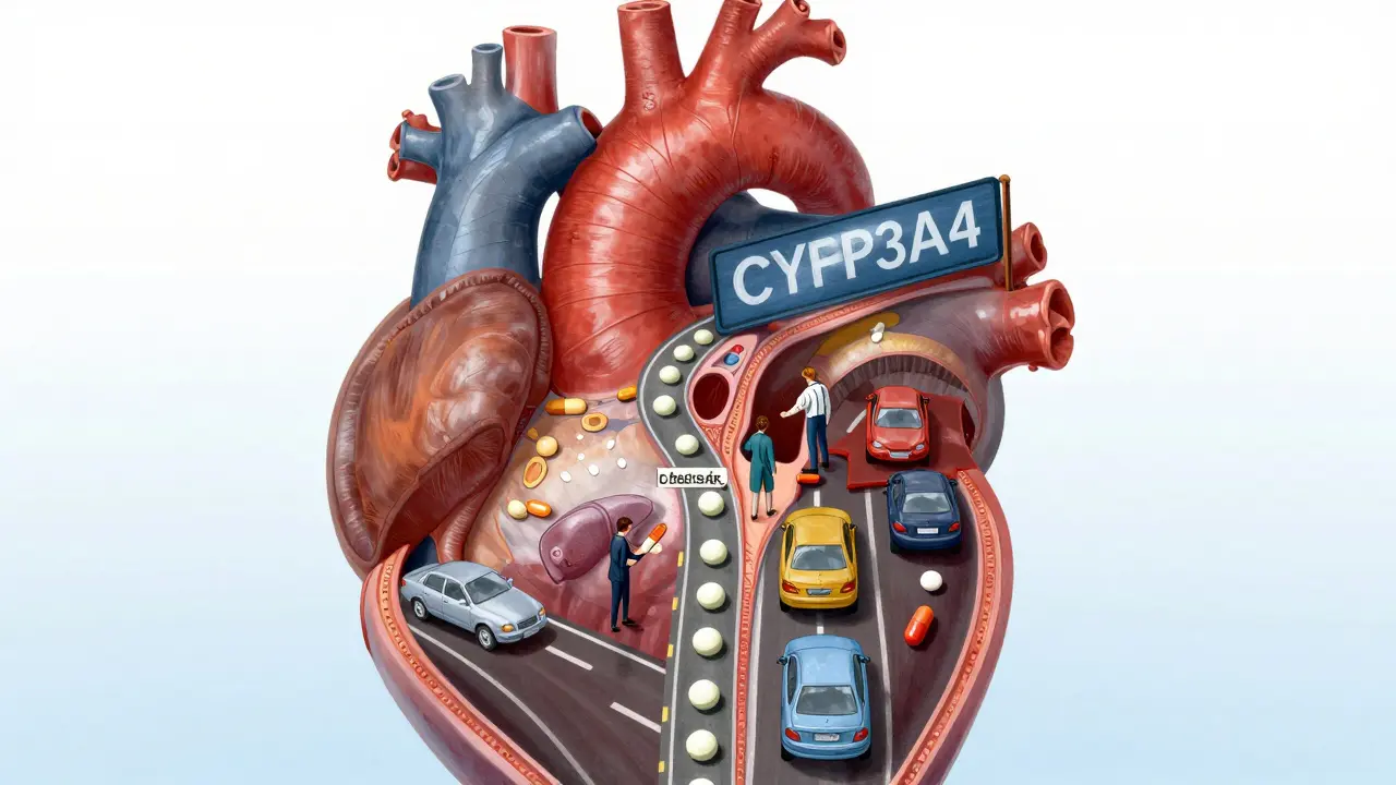 Illustration showing drug interactions in the liver as a traffic jam.