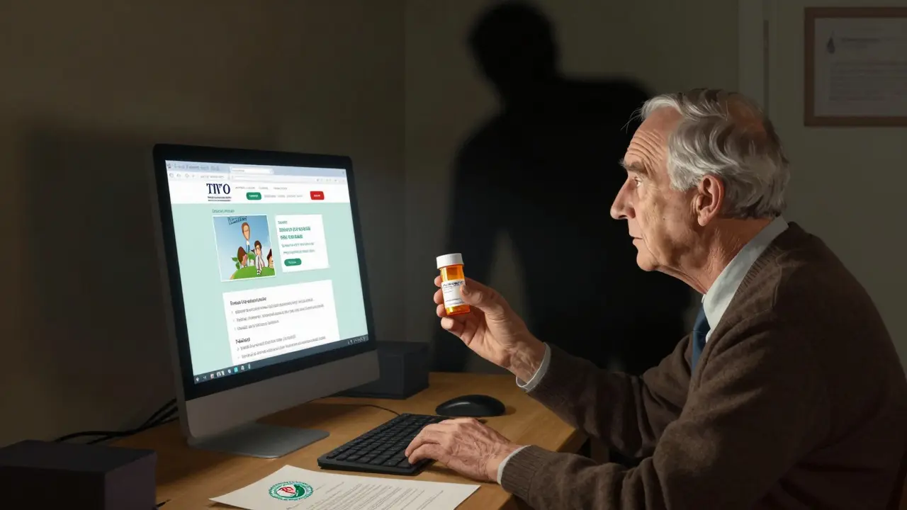 Illustration warning against buying fake medicine from shady websites.