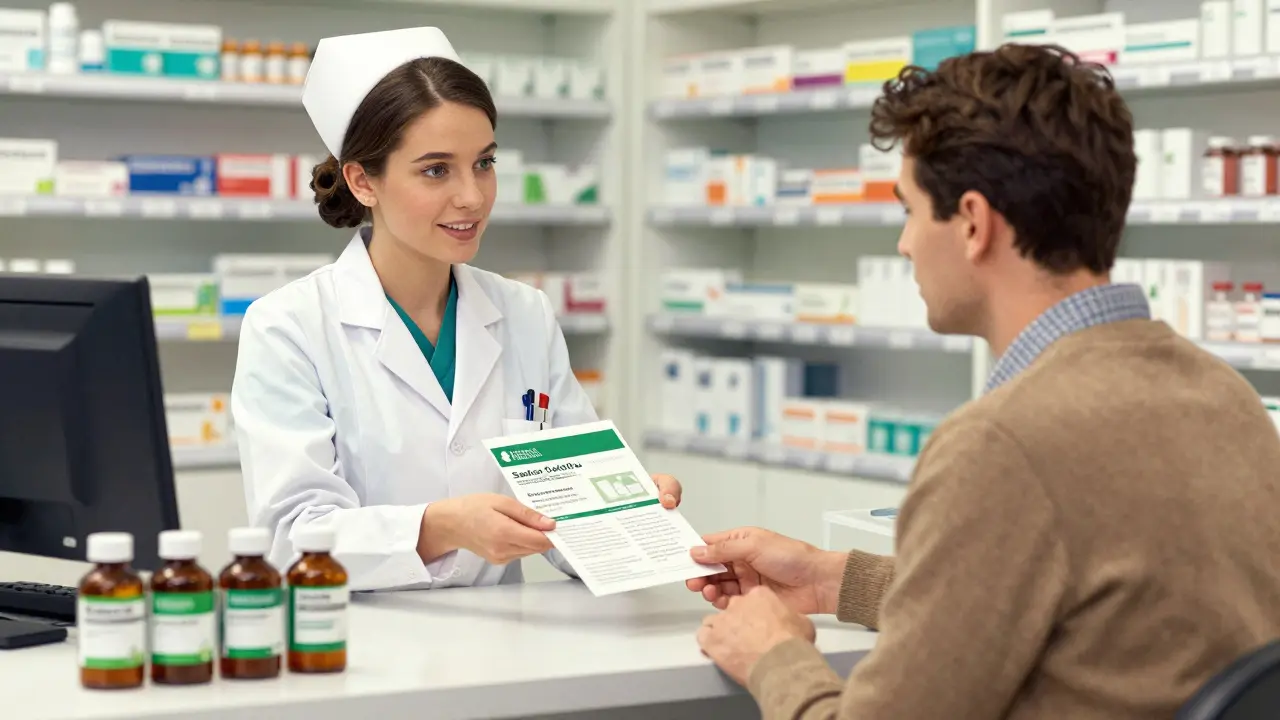 Patient receiving advice on safe statin choices from a pharmacist.