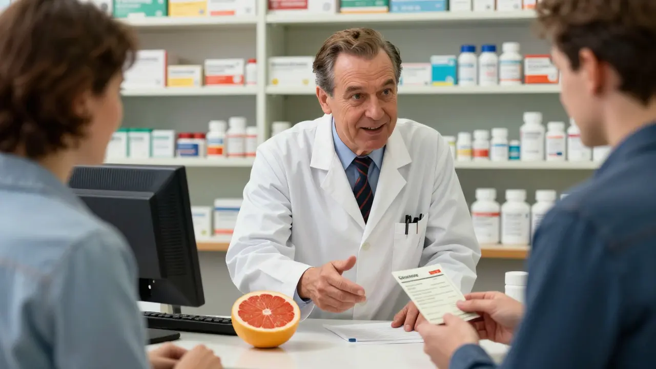 Pharmacist advising customer about drug and food interactions