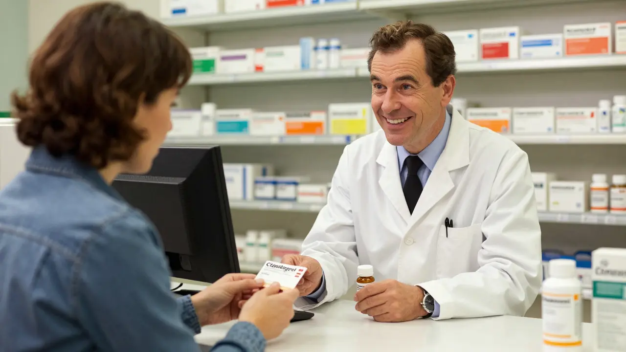 Pharmacist giving discount card to relieved customer