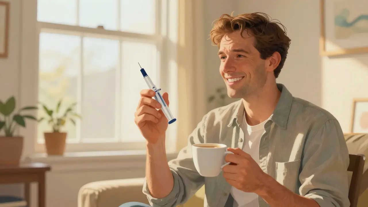 Relieved patient smiling with an auto-injector pen in a sunny, bright living room.