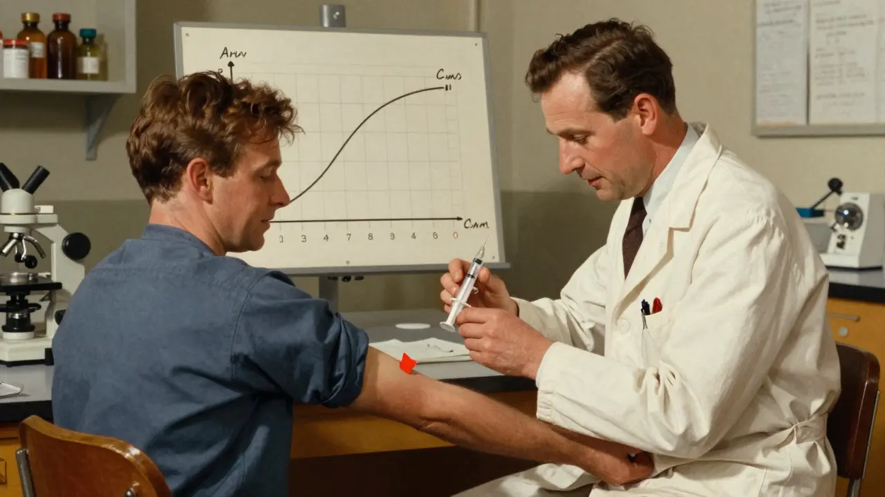 Scientist drawing blood for a drug absorption study in a lab