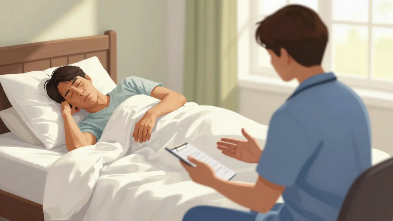 Therapist helping patient learn natural sleep techniques in peaceful room