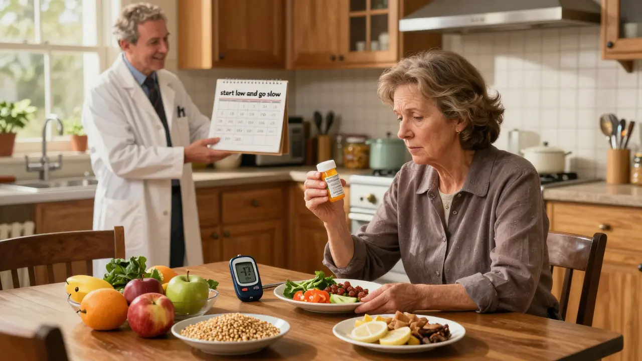 Woman preparing healthy meal and checking pills at kitchen table with doctor nearby.