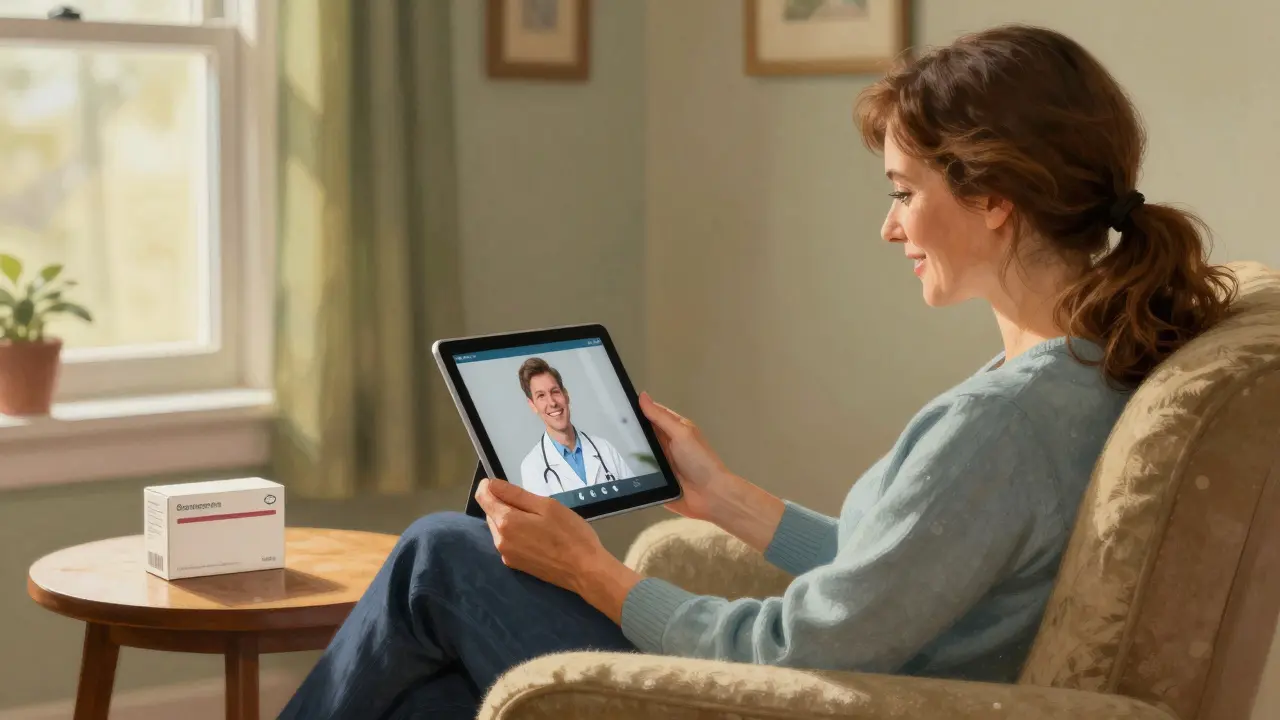 Woman using telehealth for affordable meds at home