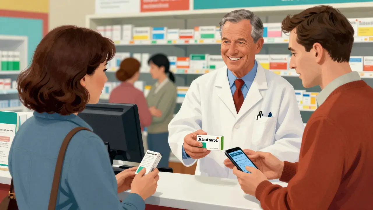 Customer picking up discounted inhaler at pharmacy