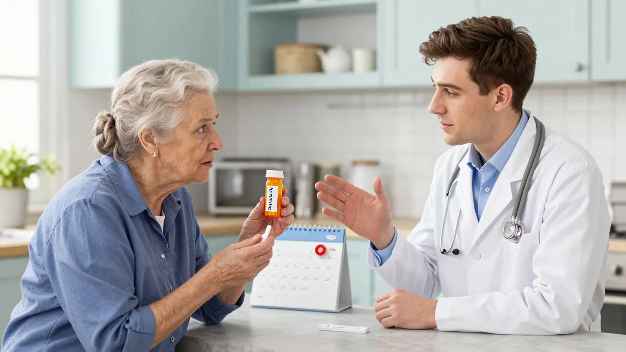 Doctor advising on timely antiviral treatment for influenza in a kitchen scene.