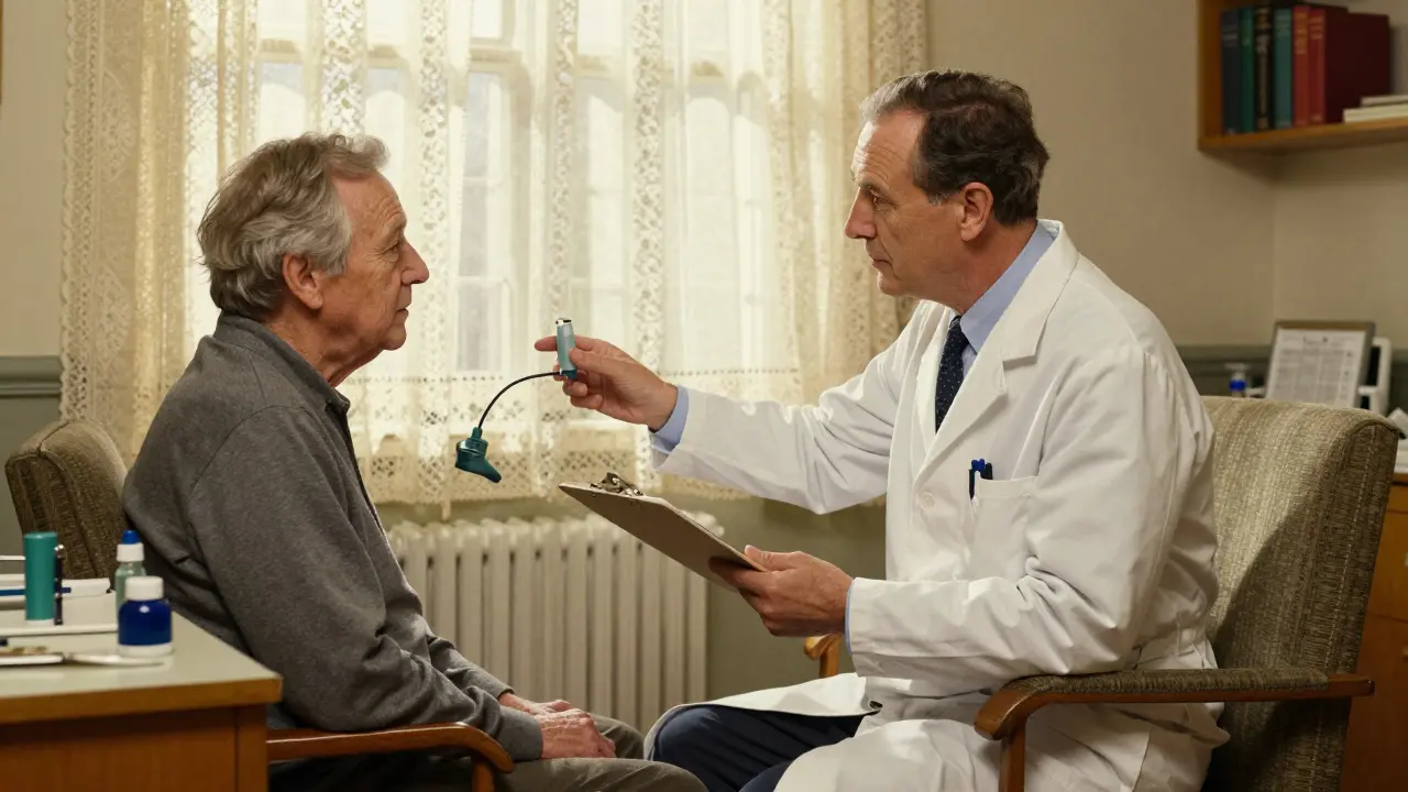Doctor explaining lung test results to a patient in a cozy clinic setting.