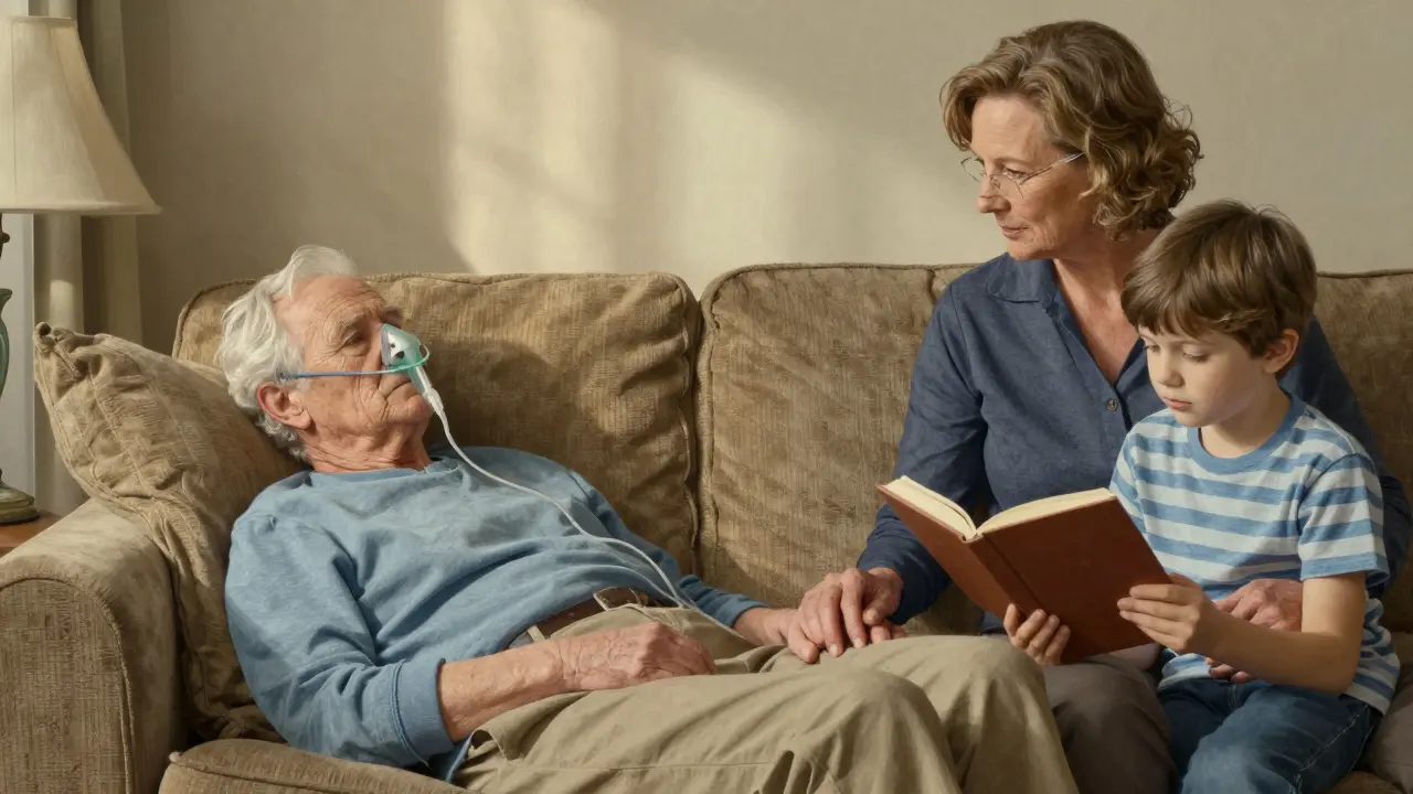 Elderly person resting with oxygen support surrounded by loving family.