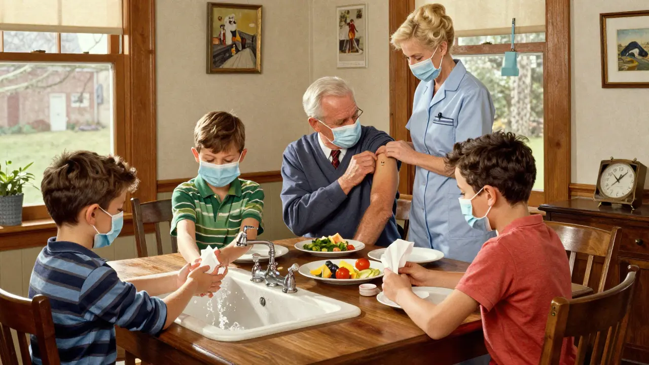 Family practicing hygiene and receiving flu vaccines to prevent illness spread.
