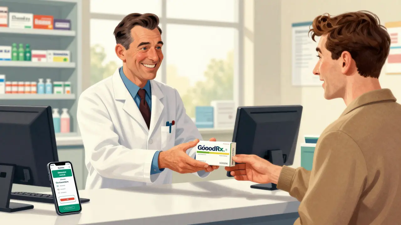 Happy customer receiving discounted generic medication at pharmacy