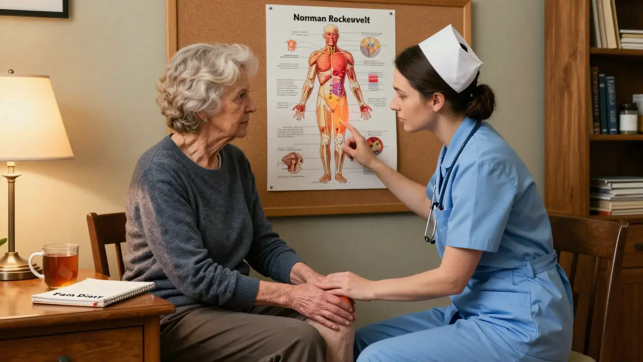 Nurse helping patient map pain locations on diagram