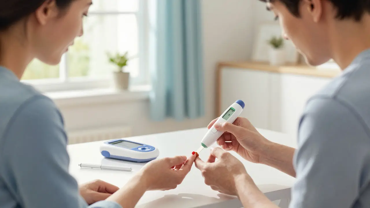 Patient using home device for blood test in sunny room