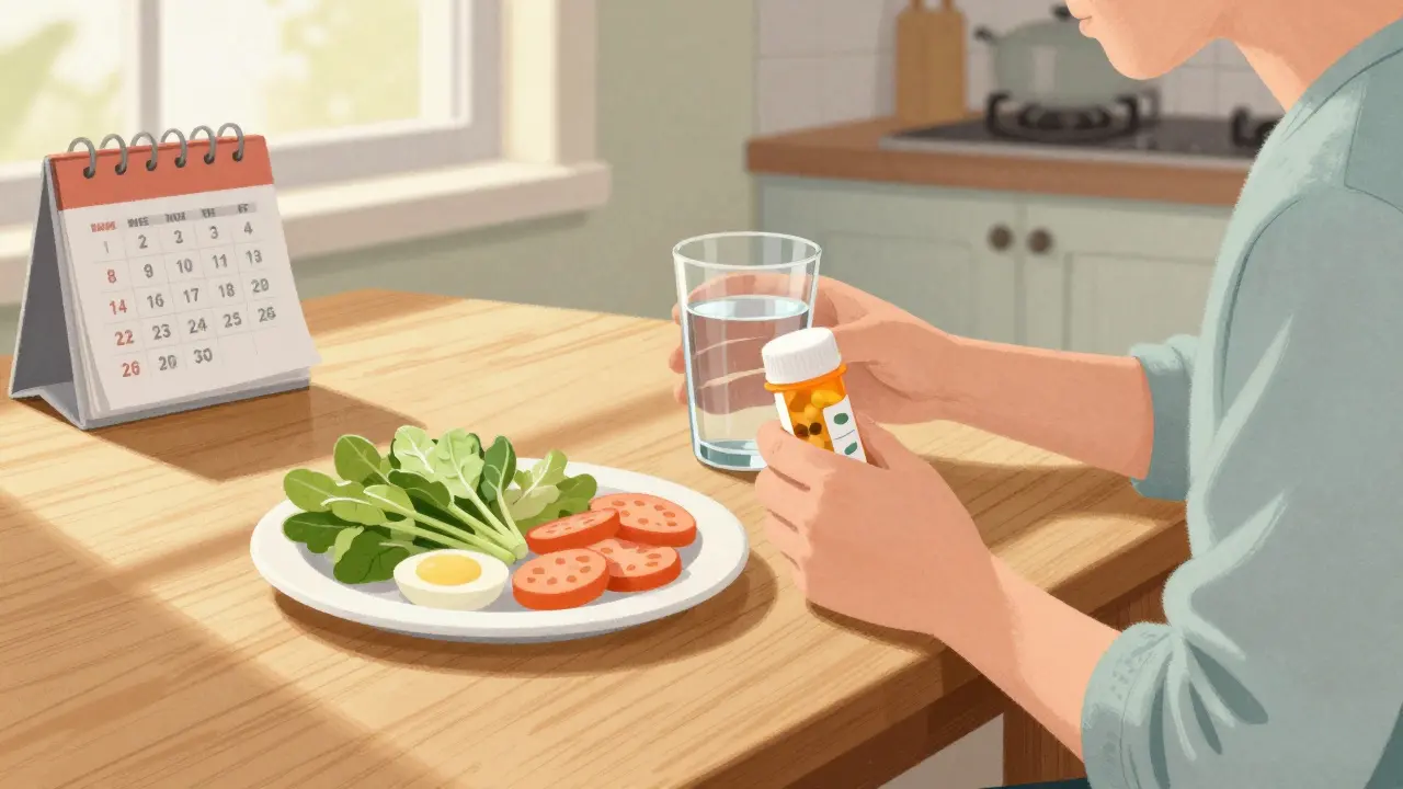 Person taking pills with water and food at kitchen table