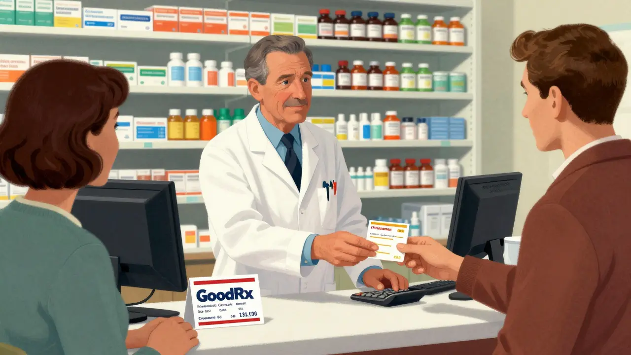 Pharmacist handing prescription to customer at counter