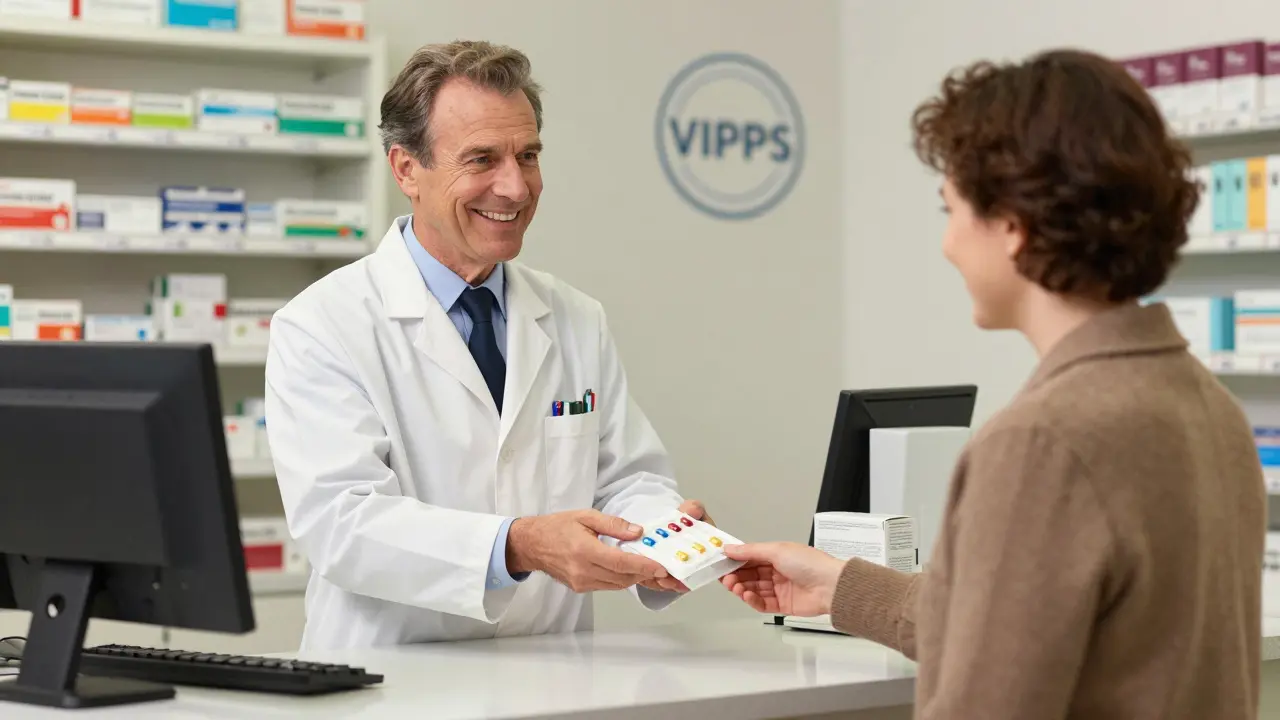 Pharmacist handing safe medication package to customer