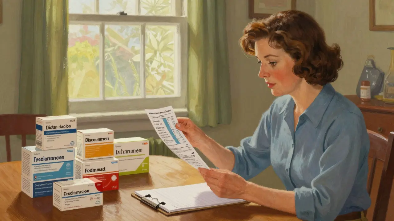 Woman comparing cheap online medicine coupons at home