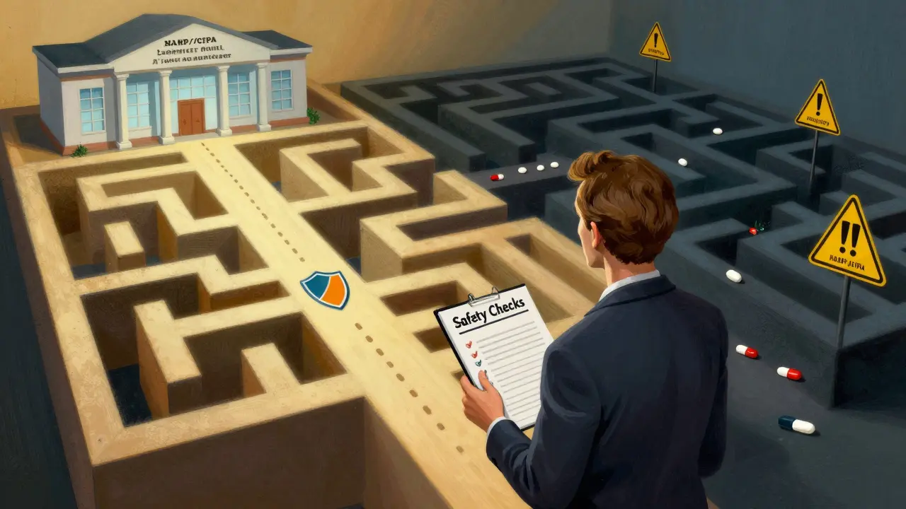Consumer choosing safe verified pharmacy path over scam