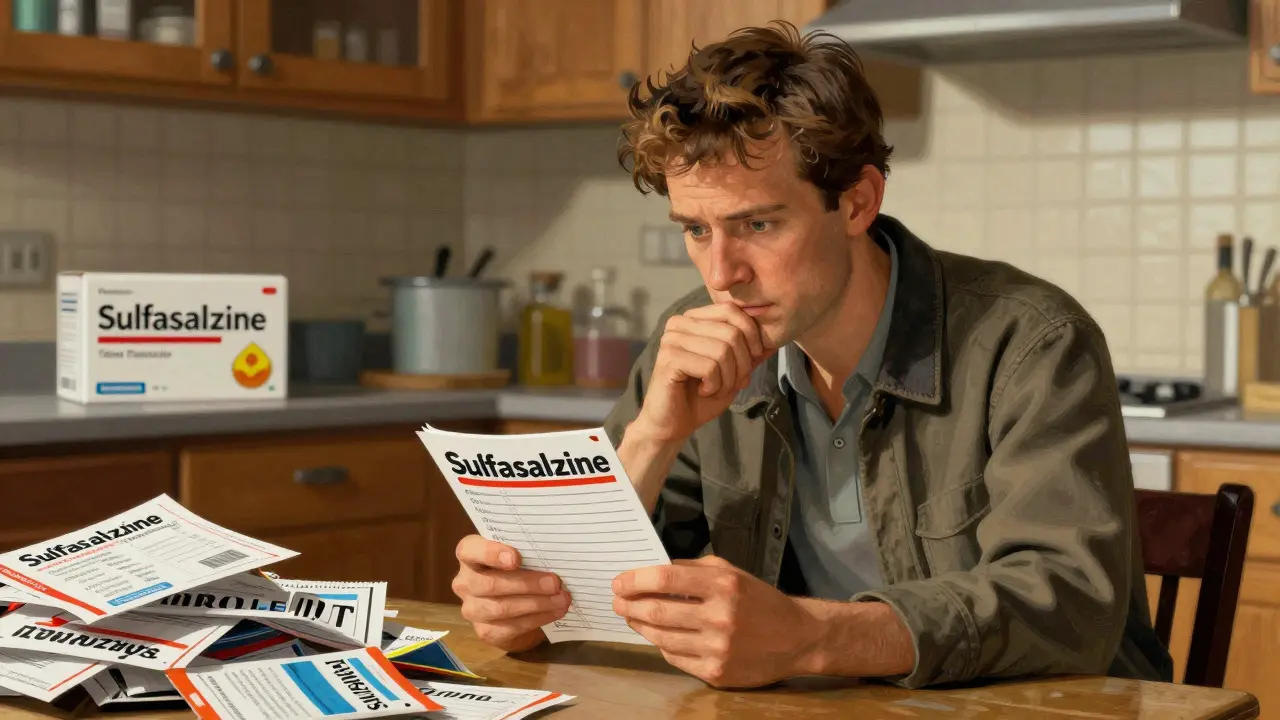 Consumer comparing pharmacy prices and coupons at kitchen table