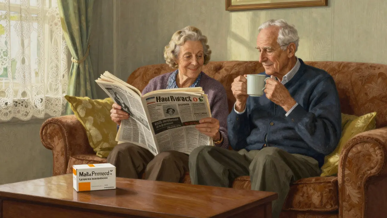 Couple relaxing at home with safely delivered medication package
