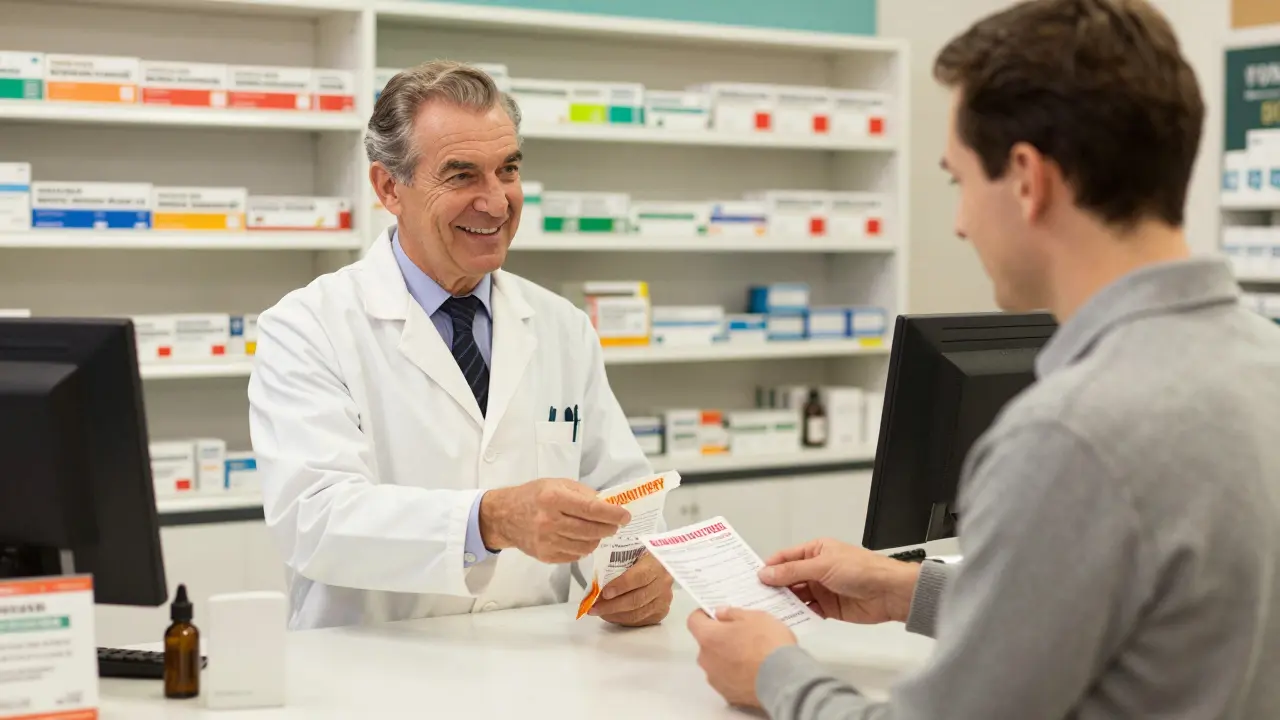 Customer receiving medication and checking discount coupon at pharmacy